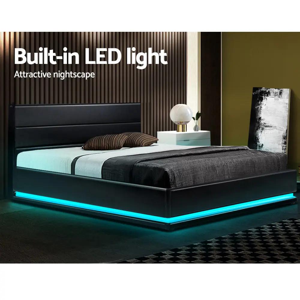 Artiss Lumi LED Bed Frame PU Leather Gas Lift Storage - Black Double Deals499