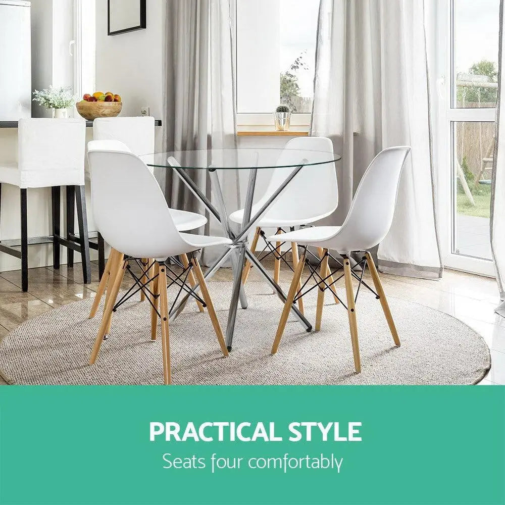 Artiss Round Dining Table 4 Seater 90cm Tempered Glass Clear Chrome Steel Legs Cross Cafe Kitchen Tables Deals499