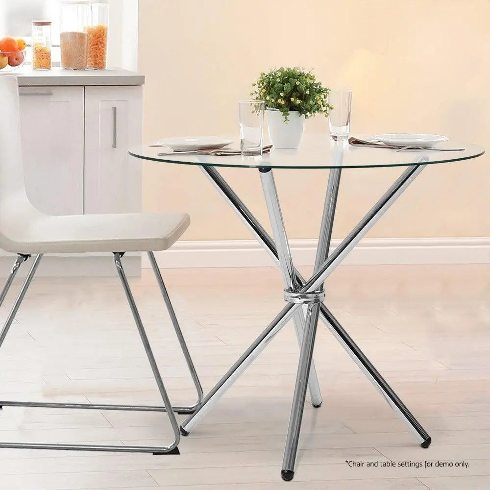 Artiss Round Dining Table 4 Seater 90cm Tempered Glass Clear Chrome Steel Legs Cross Cafe Kitchen Tables Deals499
