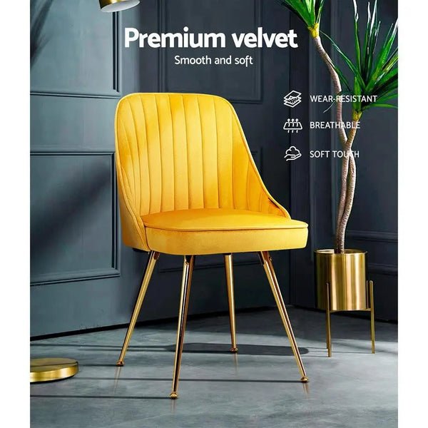 Artiss Set of 2 Dining Chairs Retro Chair Cafe Kitchen Modern Metal Legs Velvet Yellow Deals499