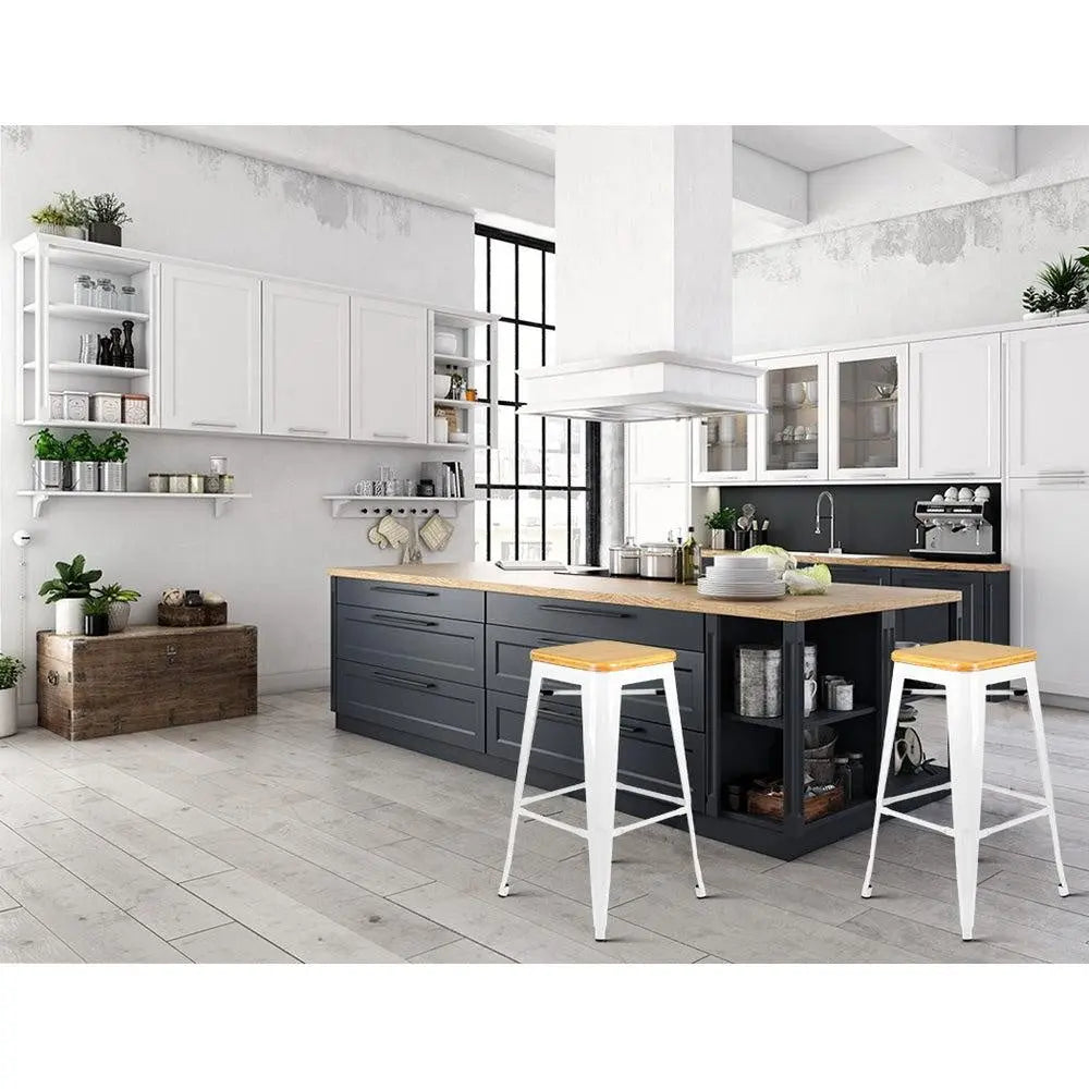 Artiss Set of 2 Metal and Bamboo Bar Stools - White Deals499