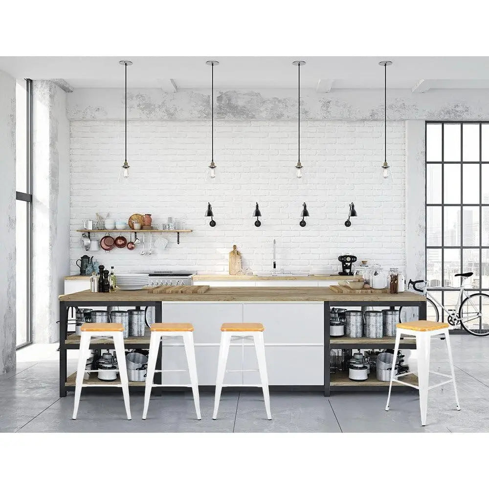 Artiss Set of 2 Metal and Bamboo Bar Stools - White Deals499