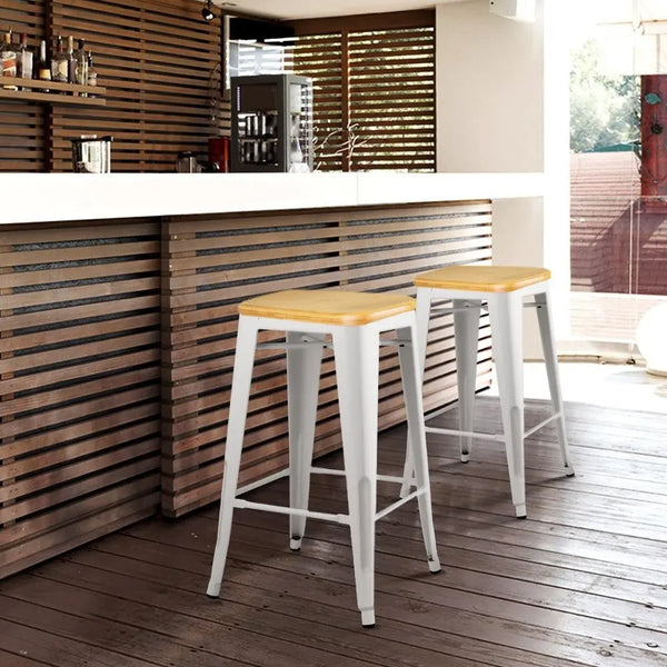 Artiss Set of 2 Metal and Bamboo Bar Stools - White Deals499