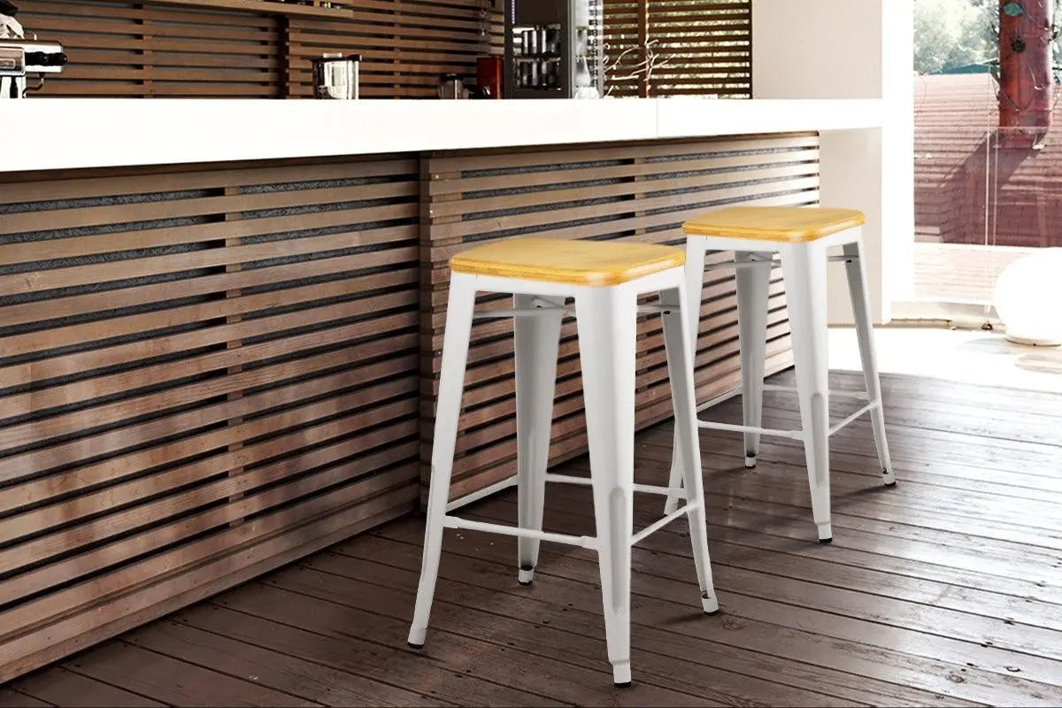 Artiss Set of 2 Metal and Bamboo Bar Stools - White Deals499