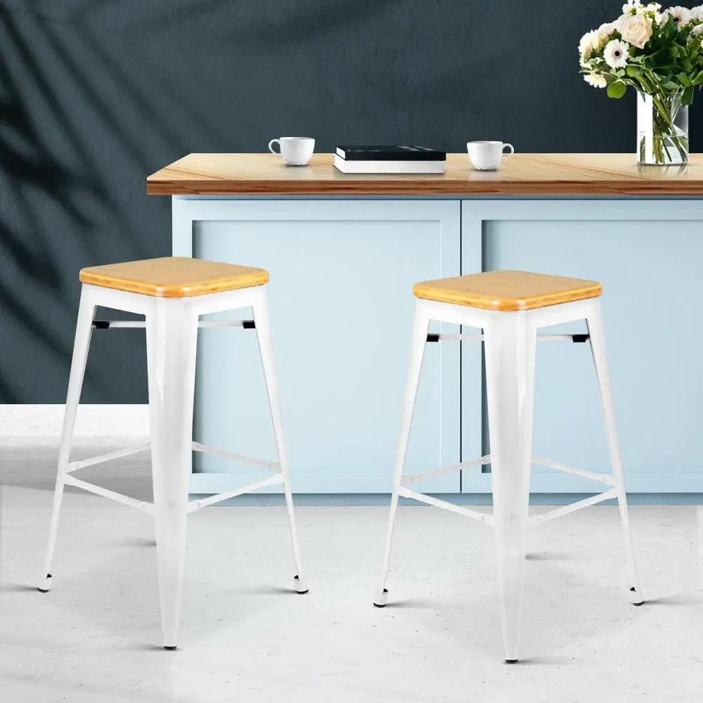 Artiss Set of 2 Metal and Bamboo Bar Stools - White Deals499