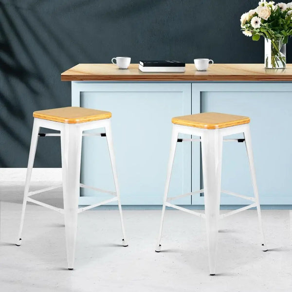 Artiss Set of 2 Metal and Bamboo Bar Stools - White Deals499