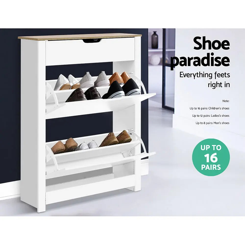 Artiss Shoe Cabinet Rack Storage Organiser Cupboard Shelf Drawer 16 Pairs White Deals499