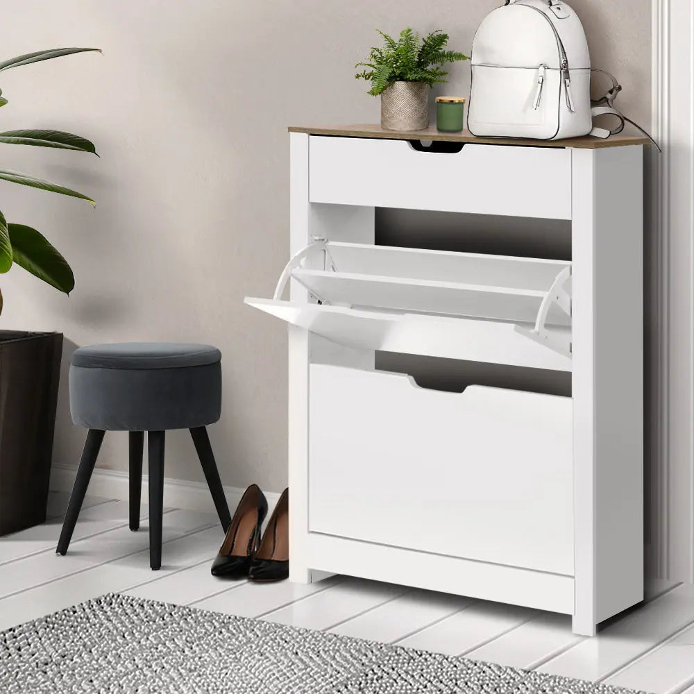 Artiss Shoe Cabinet Rack Storage Organiser Cupboard Shelf Drawer 16 Pairs White Deals499