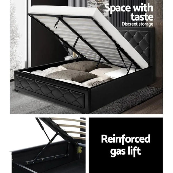 Artiss Tiyo Bed Frame PU Leather Gas Lift Storage - Black Queen Deals499