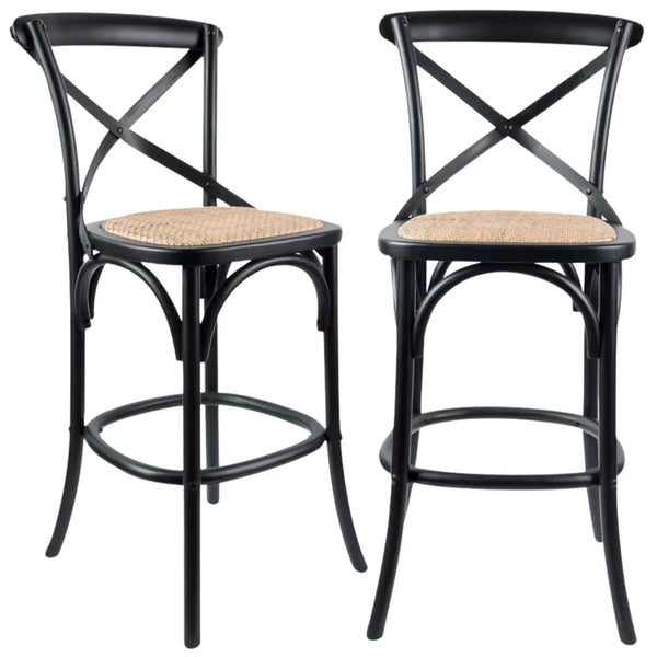 Aster 2pc Crossback Bar Stools Dining Chair Solid Birch Timber Rattan Seat Black Deals499