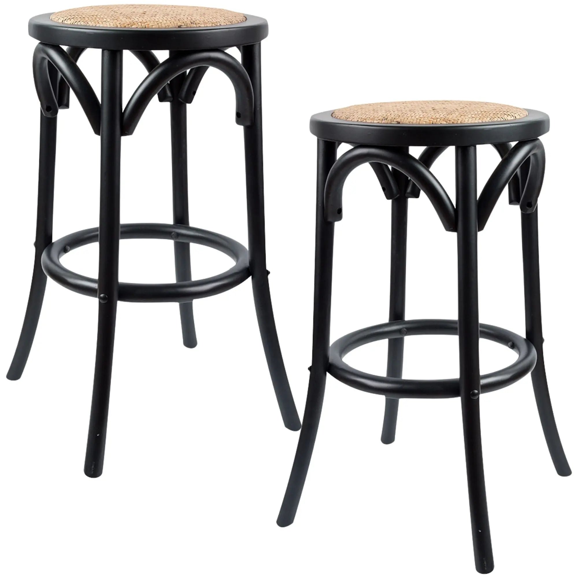 Aster 2pc Round Bar Stools Dining Stool Chair Solid Birch Wood Rattan Seat Black Deals499