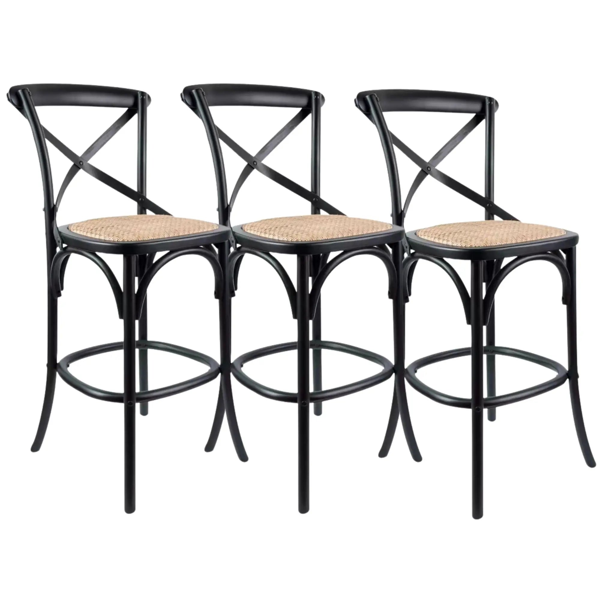Aster 3pc Crossback Bar Stools Dining Chair Solid Birch Timber Rattan Seat Black Deals499
