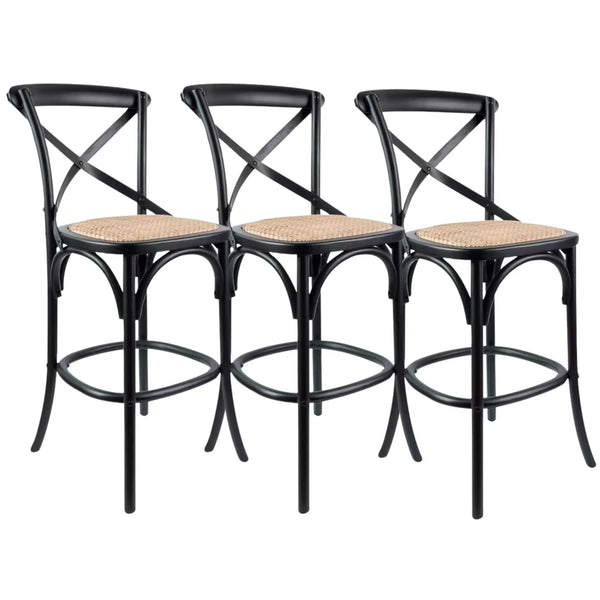 Aster 3pc Crossback Bar Stools Dining Chair Solid Birch Timber Rattan Seat Black Deals499