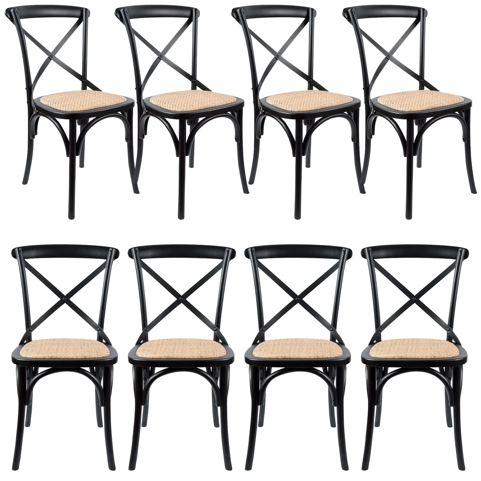Aster Crossback Dining Chair Set of 8 Solid Birch Timber Wood Ratan Seat - Black Deals499