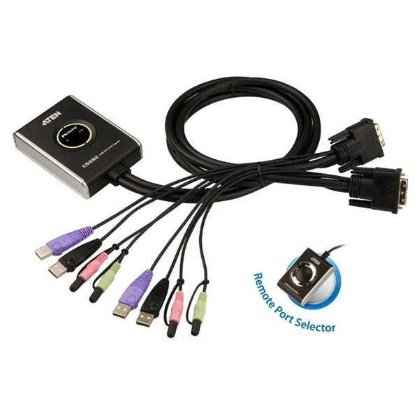 Aten Petite 2 Port USB DVI KVM Switch with Audio and Remote Port Selector - 1.2m Cables Built In ATEN