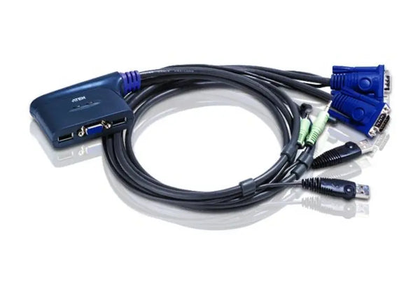 Aten Petite 2 Port USB VGA KVM Switch with Audio - 0.9m Cables Built In ATEN