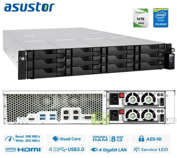 ASUSTOR AS6212RD 24 Bay 2U Rack NAS Intel Celeron Quad-Core 1.6GHz 4GB DDR3L 512MB DOM 12xSATA3 3.5'/2.5' HDD/SSD RAID 4xUSB3.0 4xGbE HDMI AES 256Bit ASUSTOR