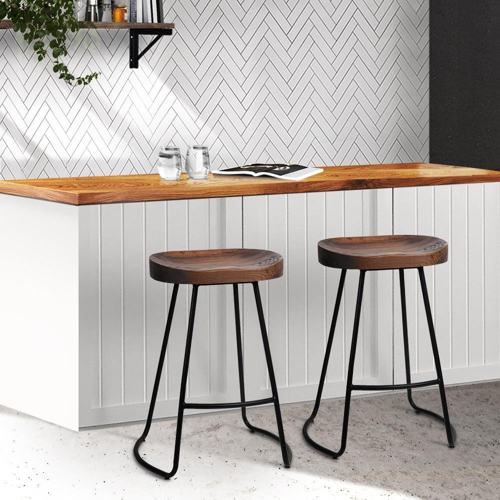 Artiss Set of 2 Elm Wood Backless Bar Stools 65cm - Black and Dark Natural Deals499