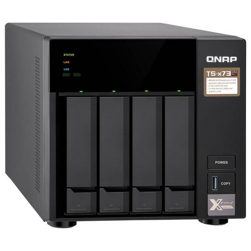 QNAP TS-473-4G 4 Bay NAS AMD RX-421ND Quad Core 2.1GHz 4GB DDR4 512MB DOM 4x3.5' 2xM.2 PCIe 10GbE Hot Swap 4xUSB3.2 Tower QNAP