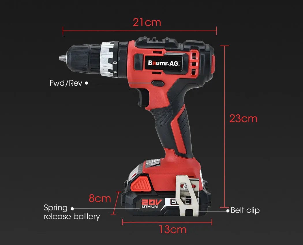BAUMR-AG 20V Cordless Power Drill Kit Lithium Battery Hammer Drilling with Bag Deals499