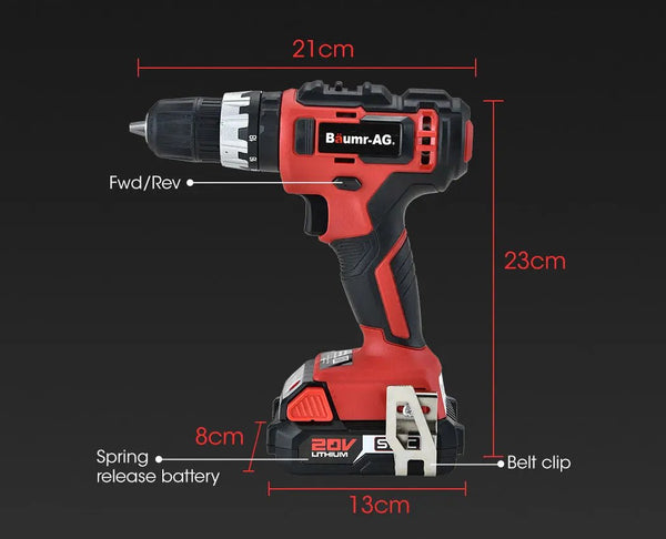 BAUMR-AG 20V Cordless Power Drill Kit Lithium Battery Hammer Drilling with Bag Deals499