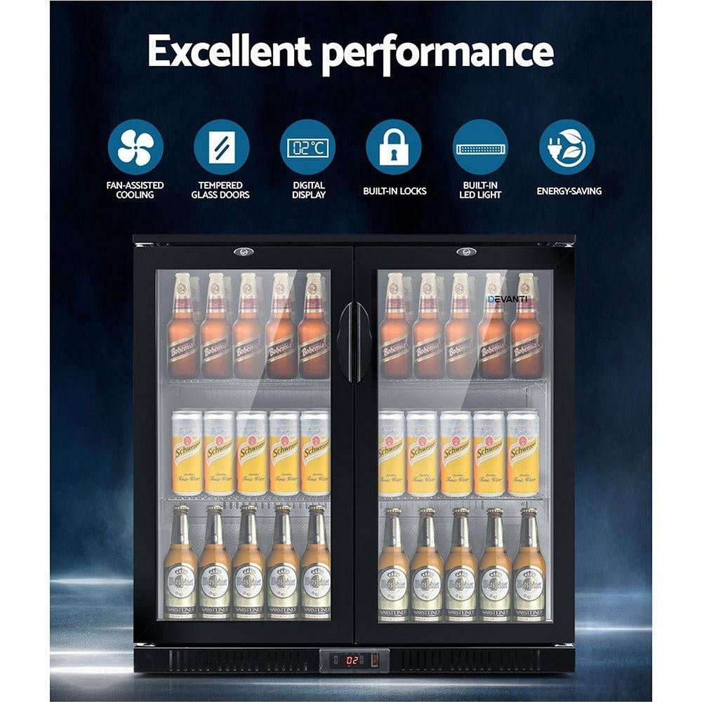 Devanti Bar Fridge 2 Glass Door Commercial Display Freeer Drink Beverage Cooler Black Deals499