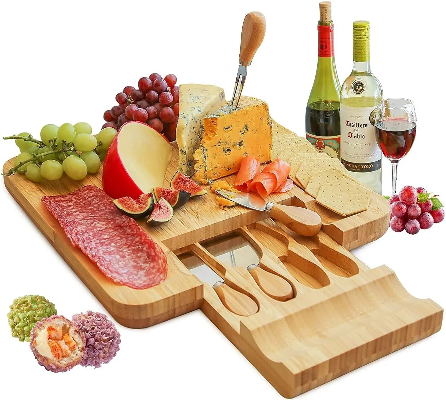 Bamboo Cheese Board Set with Cutlery in Slide-Out Drawer Including 4 Stainless Steel Serving Utensils Deals499