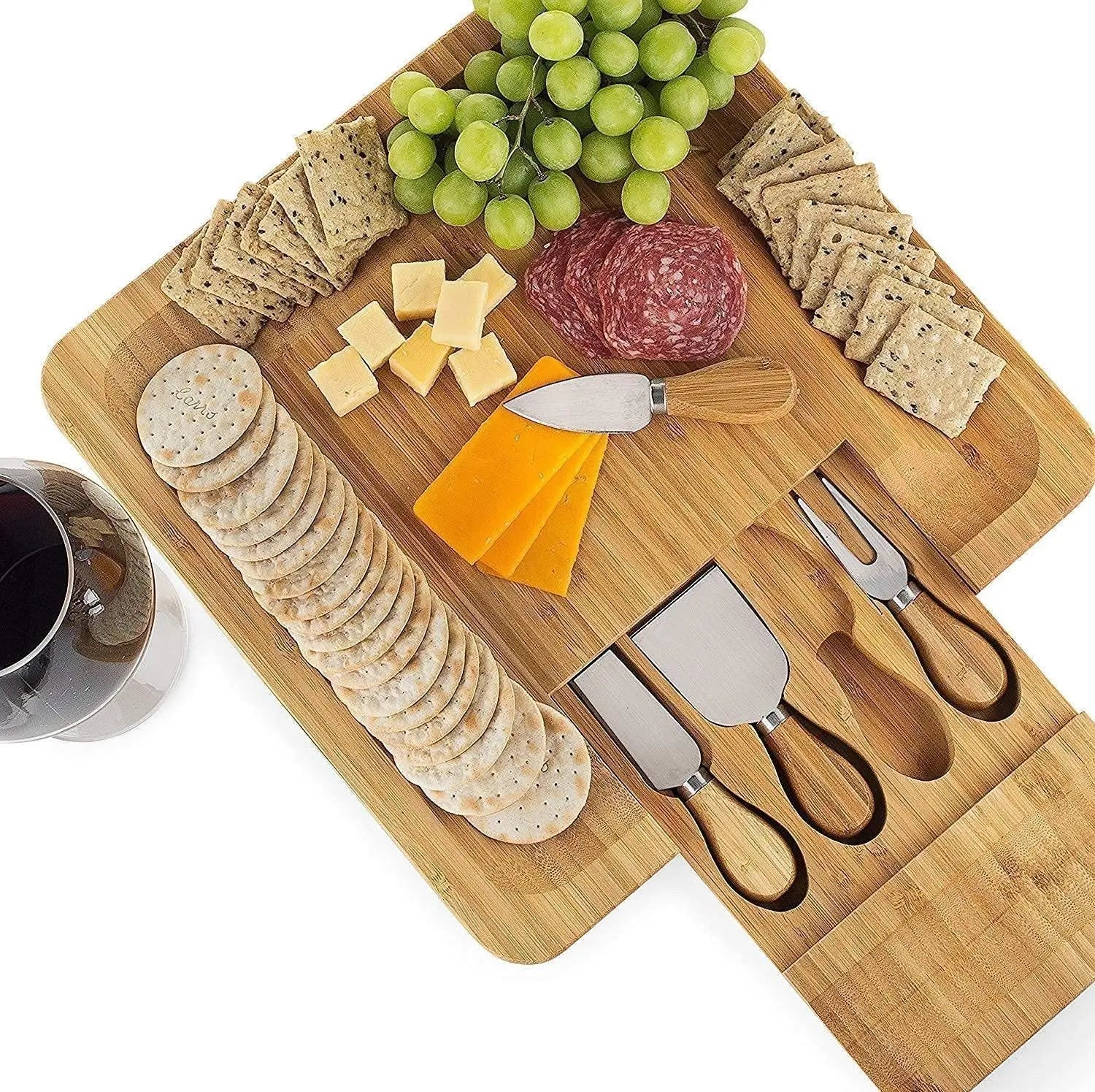 Bamboo Cheese Board Set with Cutlery in Slide-Out Drawer Including 4 Stainless Steel Serving Utensils Deals499