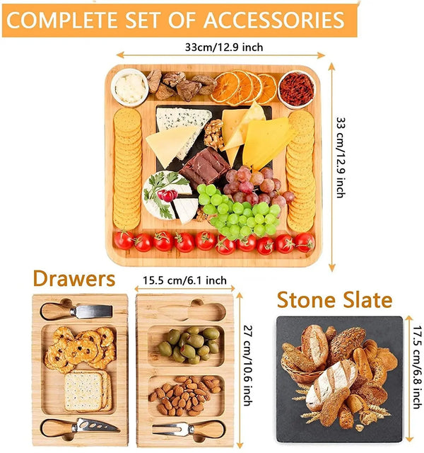 Bamboo Cheese Board and Knife Set with Cutlery including Slate Rock Tray, 4 Stainless Steel Knife & Thick Wooden tray Deals499