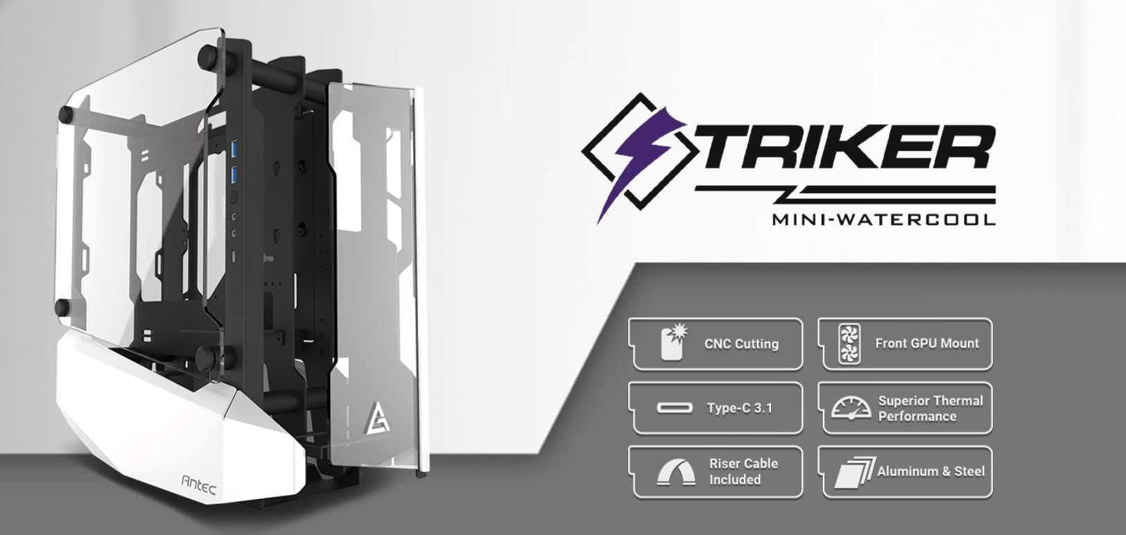 ANTEC STRIKER Open Frame Mini-ITX Aluminium and Steel Case, PCI-E Riser Cable included. USB 3.1 Type-C, Aluminium Steel, Superior Thermal Performance ANTEC