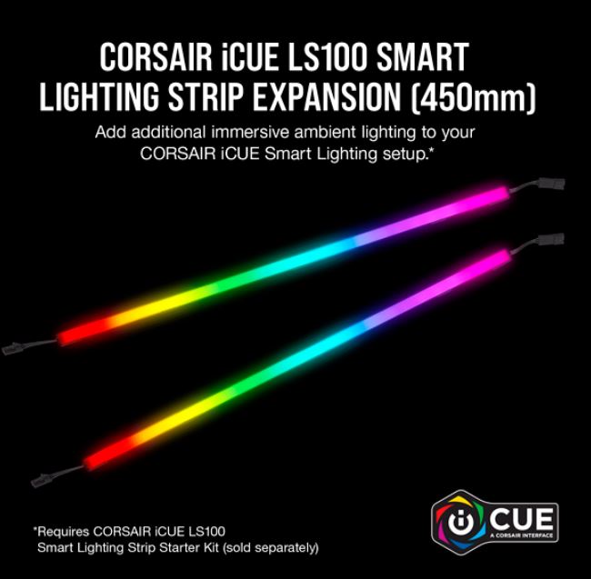 CORSAIR iCUE LS100 Smart Lighting Strip Expansion Kit 2x 450mm Addressable LED Strip, RGB Ext Cable, Adhesive Tape, Cable Clip. 2 Years Warranty. CORSAIR