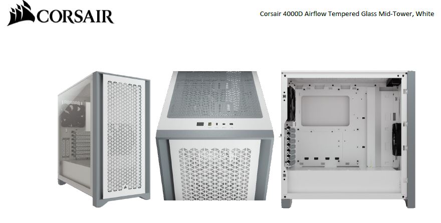 CORSAIR Carbide Series 4000D Airflow ATX Tempered Glass White, 2x 120mm Fans pre-installed. USB 3.0 x 2, Audio I/O. Case NDA Sep 16 CORSAIR