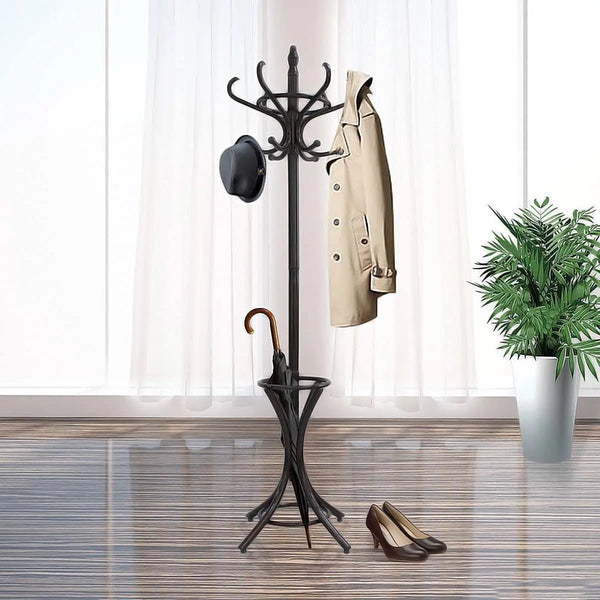 CARLA HOME Brown Coat Rack with Stand Wooden Hat and 12 Hooks Hanger Walnut tree Deals499