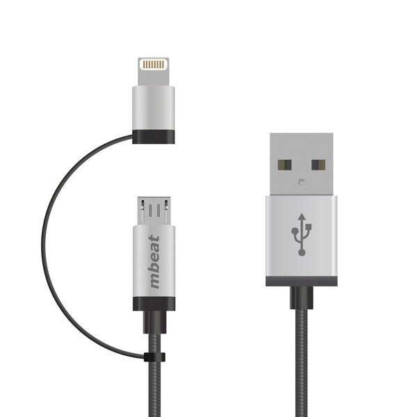 MBEAT 1m Lightning and Micro USB Data Cable - 2-in-1/Aluminmum Shell Crush-Proof/Nylon Braided/Silver/ Apple/Andriod Tablet Mobile Device (LS) MBEAT