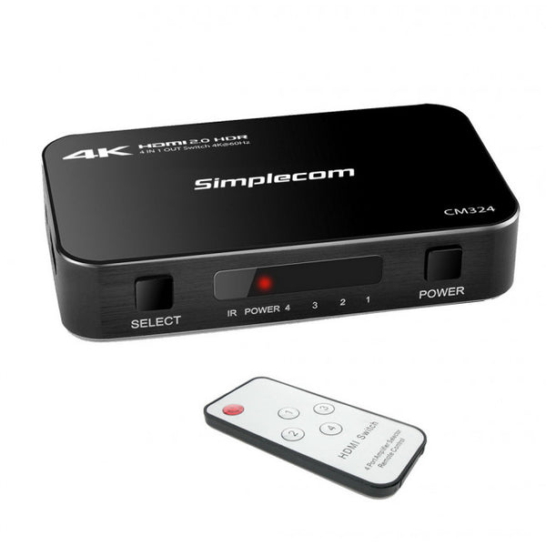 Simplecom CM324 4 Way HDMI 2.0 Switch 4 IN 1 OUT Ultra HD 4K 60Hz HDR HDCP 2.2 SIMPLECOM
