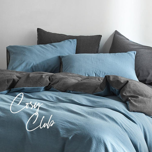 Cosy Club Quilt Cover Set Cotton Duvet Single Blue Dark Blue Deals499