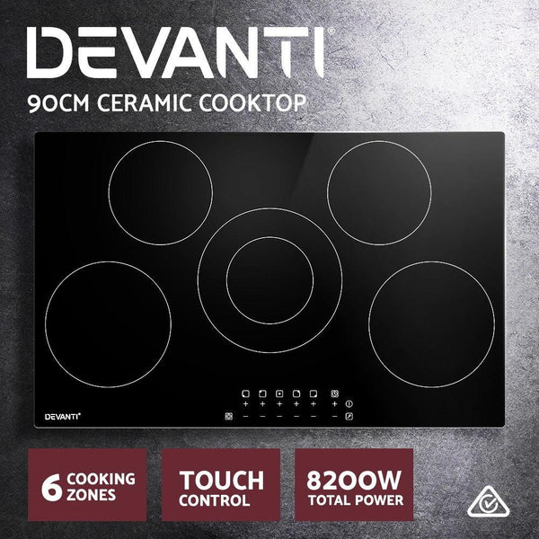 Devanti 90cm Ceramic Cooktop Electric Cook Top 5 Burner Stove Hob Touch Control 6-Zones Deals499