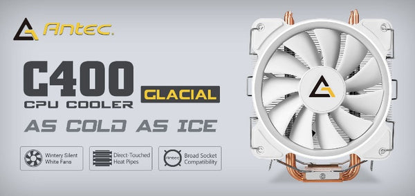 ANTEC C400 GLACIAL White Air CPU Cooler 12CM PWM 77 CFM Fan, 8mm Copper Base. 115X, 1200, 2011, 2066, AM3, AM3+, AM4 FM1, FM2, FM2+ 3 Years Warranty ANTEC
