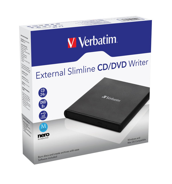 VERBATIM External Slimline Mobile CD/DVD Writer USB 2.0 Black VERBATIM