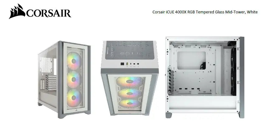 CORSAIR Carbide Series 4000X RGB E-ATX, ATX, Tempered Glass Front and Side. White,3x 120mm RGB Fans pre-installed. USB 3.0 and Type-C x 1 CORSAIR