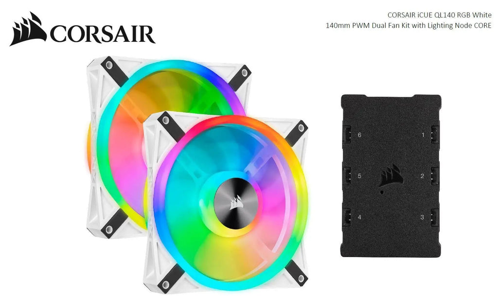 CORSAIR QL140 RGB White Dual Fan Kit with Lighting Node Core, ICUE, 140mm RGB LED PWM Fan 26dBA, 50.2 CFM, 2 Fan Pack CORSAIR