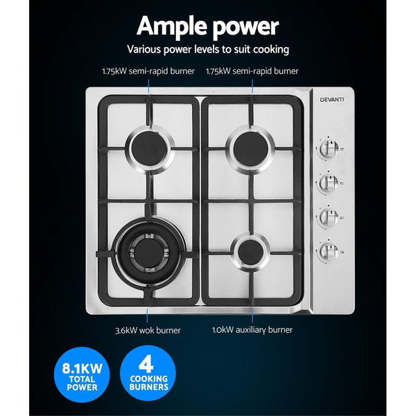 Devanti Gas Cooktop 60cm Kitchen Stove 4 Burner Cook Top NG LPG Stainless Steel Silver Deals499