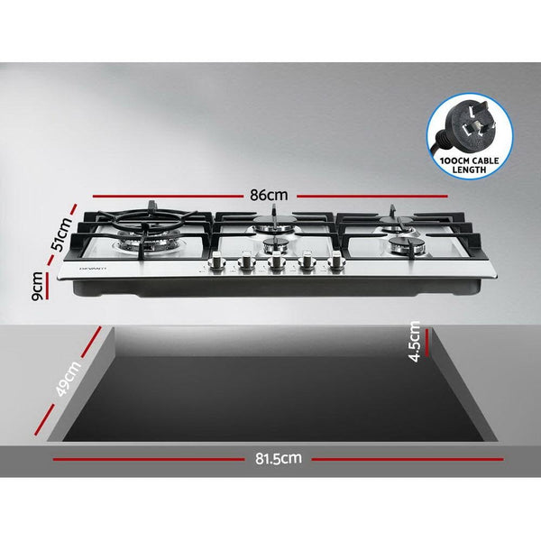 Devanti Gas Cooktop 90cm Kitchen Stove Cooker 5 Burner Stainless Steel NG/LPG Silver Deals499