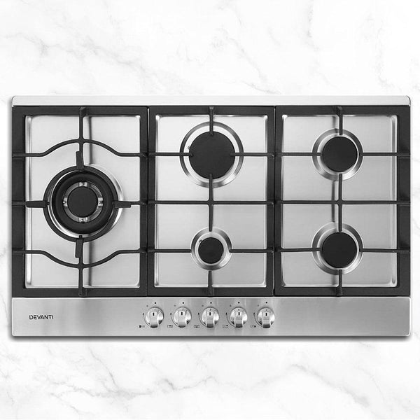 Devanti Gas Cooktop 90cm Kitchen Stove Cooker 5 Burner Stainless Steel NG/LPG Silver Deals499