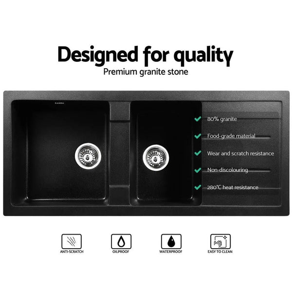 Cefito Stone Kitchen Sink 1160X500MM Granite Under/Topmount Basin Double Bowl Black Deals499