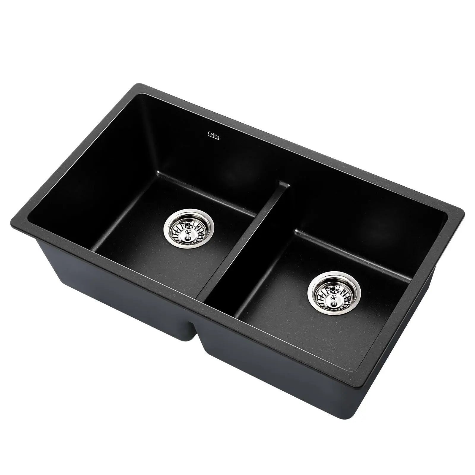 Cefito Stone Kitchen Sink 790X460MM Granite Under/Topmount Basin Double Bowl Black Deals499
