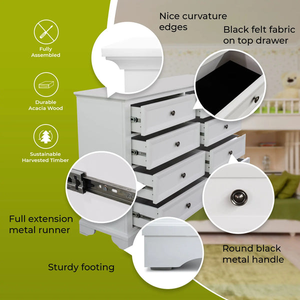 Celosia Dresser 8 Chest of Drawers Bedroom Acacia Timber Storage Cabinet - White Deals499