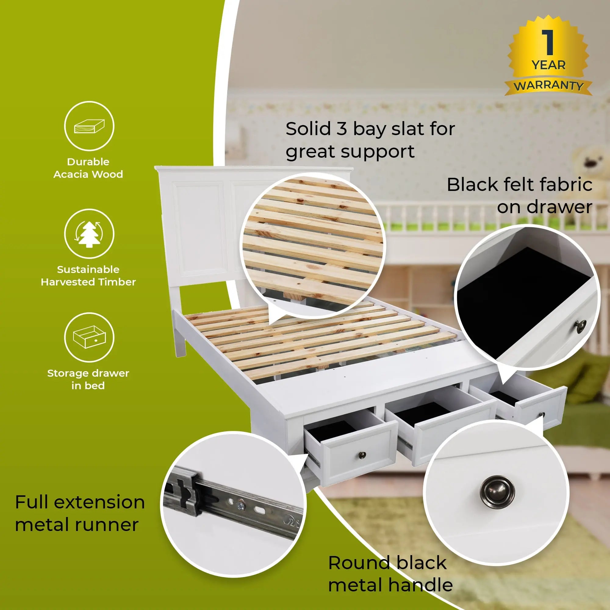 Celosia King Size Bed Frame Timber Mattress Base With Storage Drawers - White Deals499