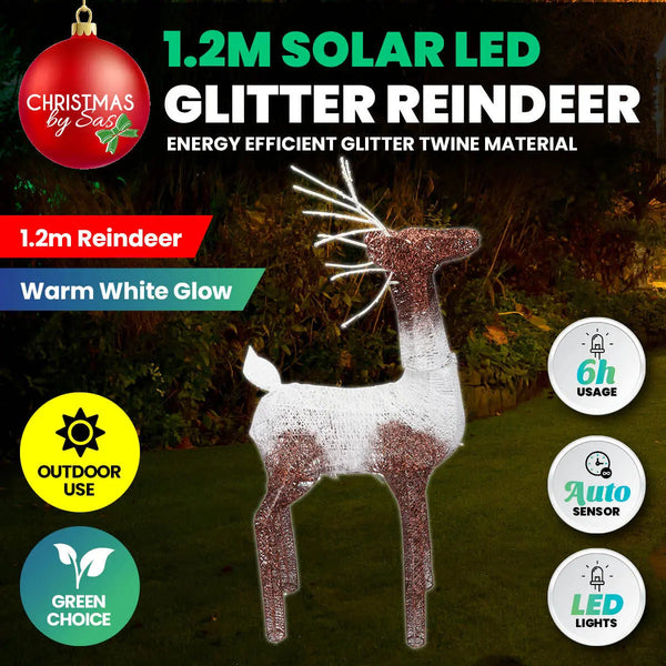 Christmas By Sas 1.2m Reindeer Glitter Wire Solar LED Warm White Auto Sensor Deals499