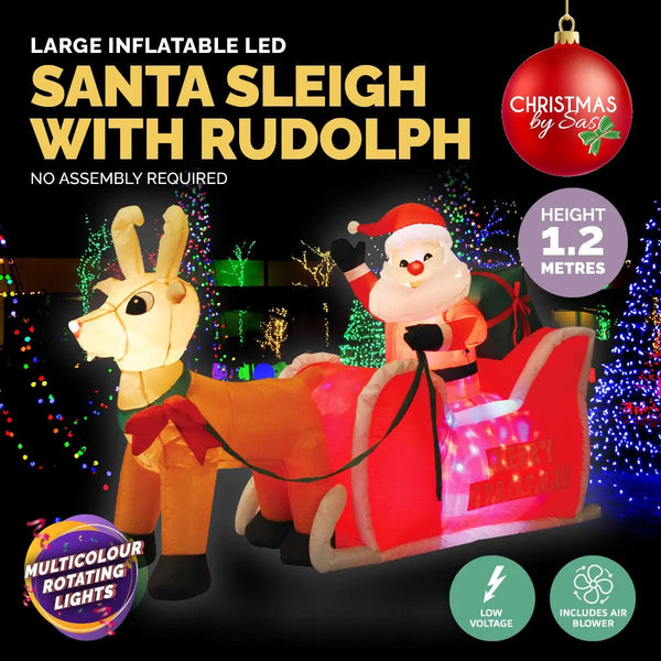 Christmas By Sas 1.2m Self Inflatable LED Santa Sleigh & Rudolph Deals499